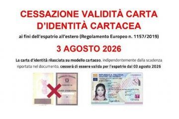 Carta identita&#39; cartacea - Cessazione validita&#39; dal 3 Agosto 2026
